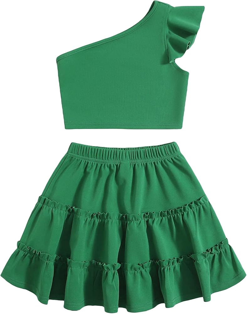 Milumia Girl's Two Piece Outfits One Shoulder Ruffle Sleeve Top and A Line Skirt Set