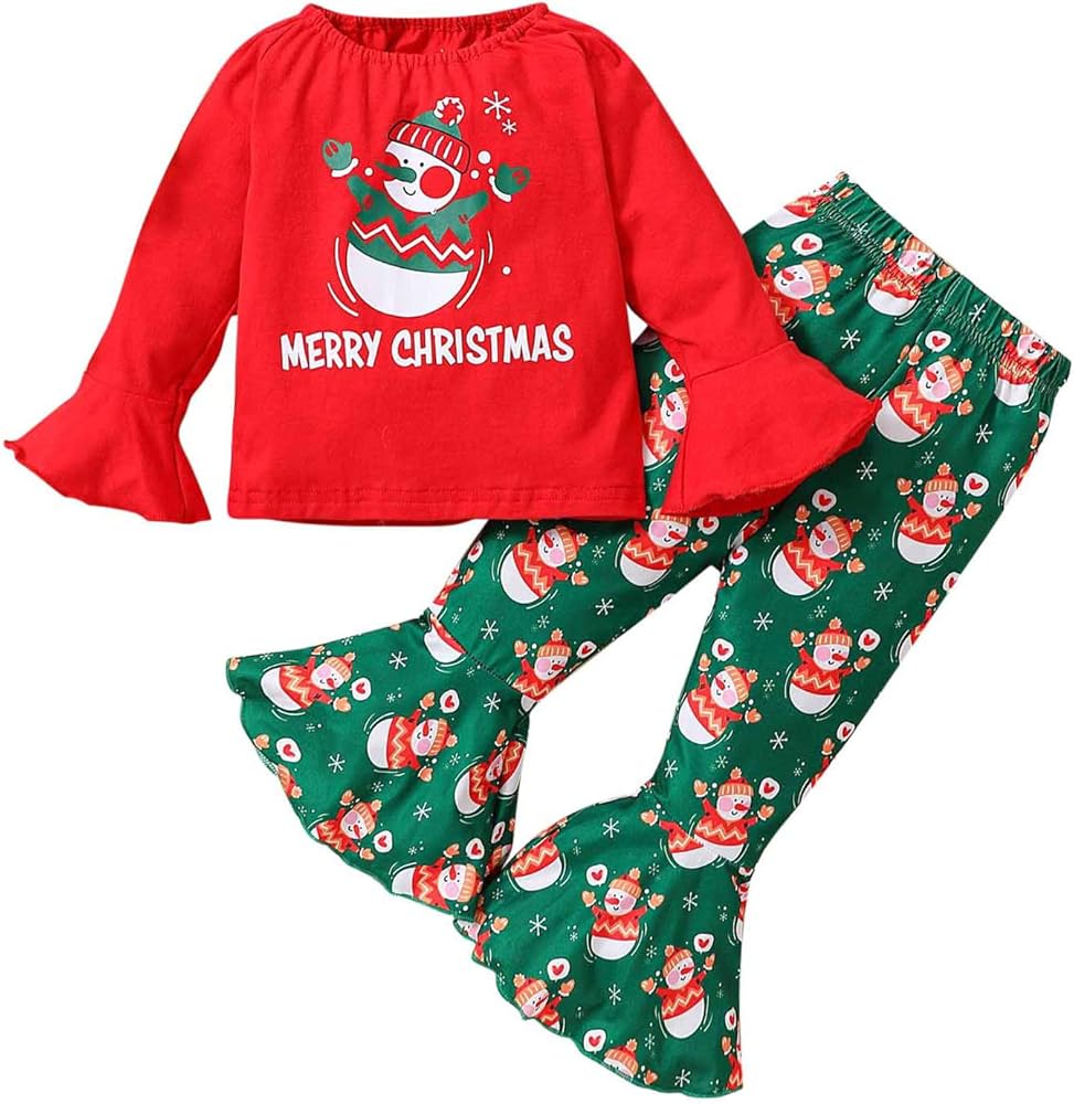 Toddler Girls Christmas Long Sleeve Cartoon Snowman Prints T Shirt Tops Flare Pants Kids Outfits Girl Clothes 4t