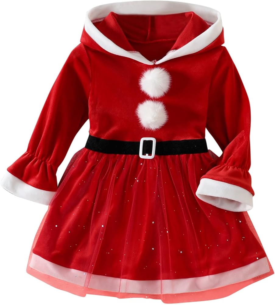 Vintage Girls Dress Sleeve Christmas Hooded Fleece Tulle Princess Dress Dress Trim