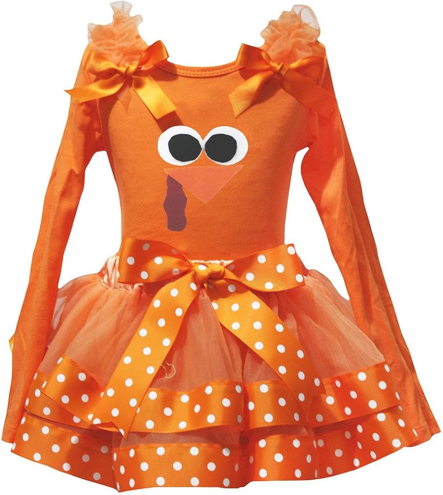 Petitebella Turkey Face Orange L/S Shirt Orange White Dots Petal Skirt Nb-8y