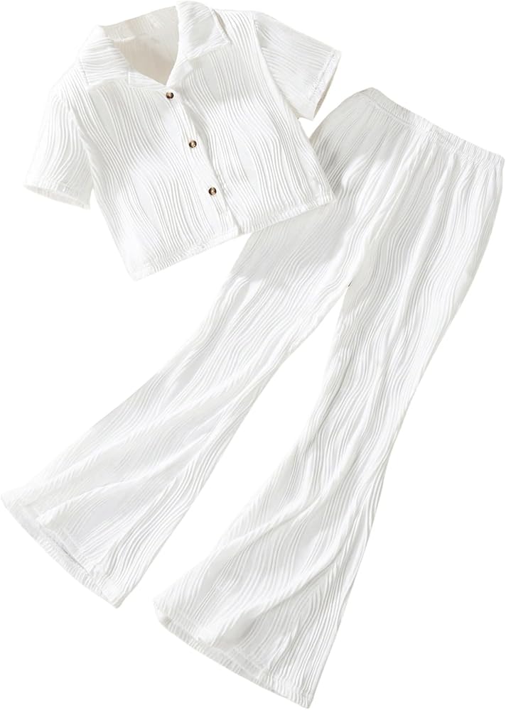 Floerns Girl's 2 Piece Textured Short Sleeve Button Down Shirts Flared Pants Sets