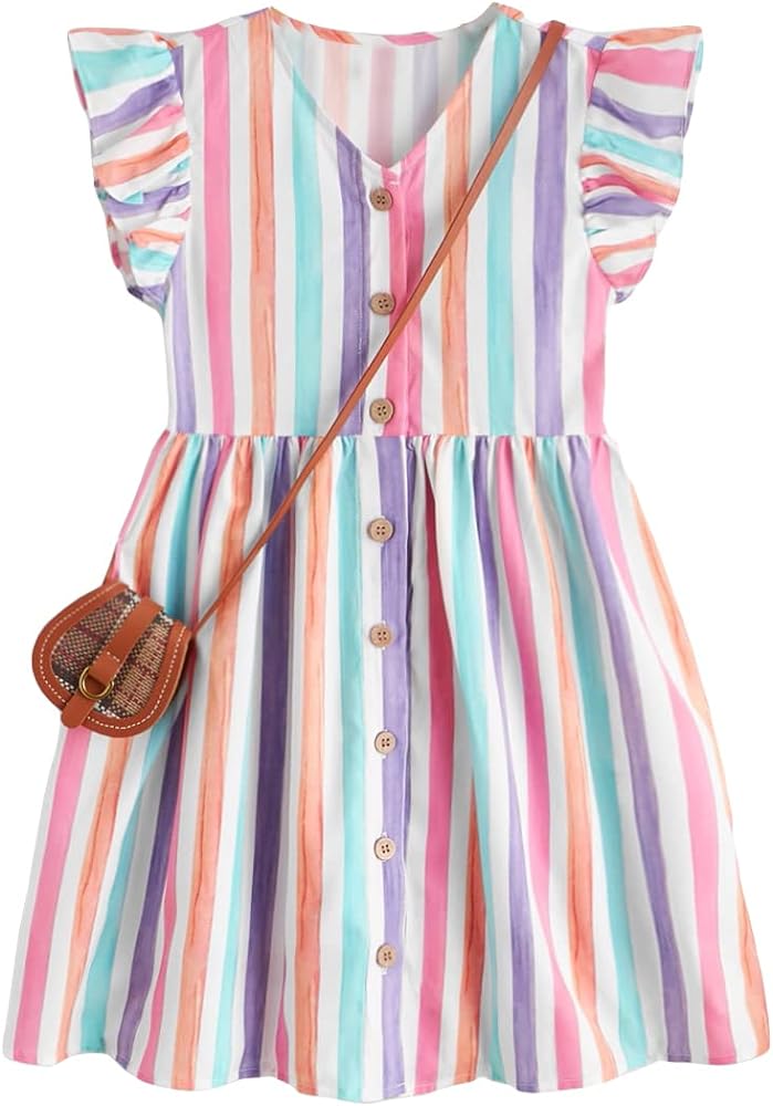 SHENHE Girl's Cute Striped V Neck Button Up Ruffle Cap Sleeve A Line Mini Dresses