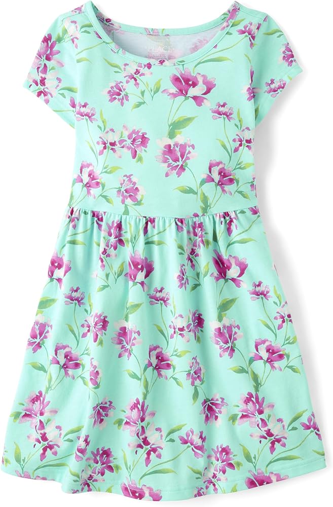 The Children's Place Baby Girls' Short Sleeve Everyday Dresses, Floral Aqua, X-Small