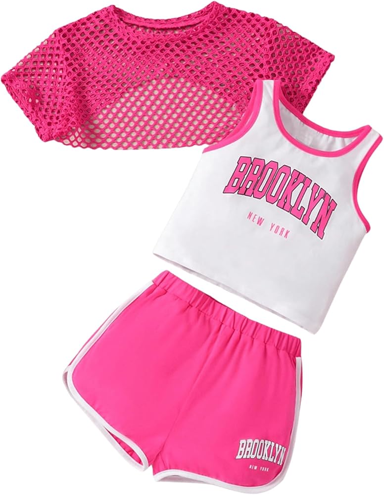 WDIRARA Girl's 3 Pieces Outfits Letter Print Tank Top with Mesh Short Sleeve Top and Track Shorts Set