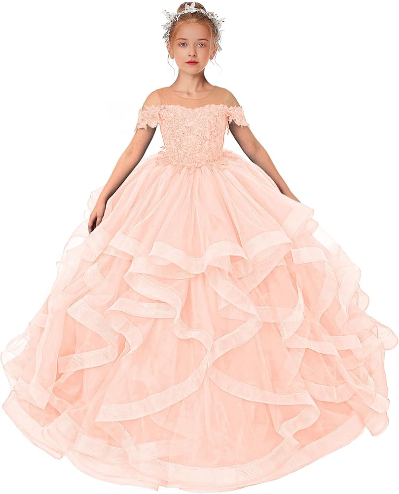 Tulle Flower Girl Dress Wedding Illusion Off Shoulder Pageant Dresses for Girls Formal Party Ball Gown