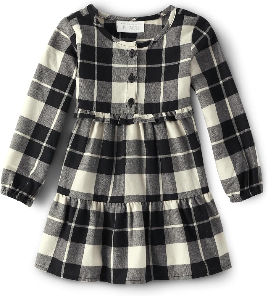 The Children's Place girls Long sleeve plaid twill tiered shirt dress