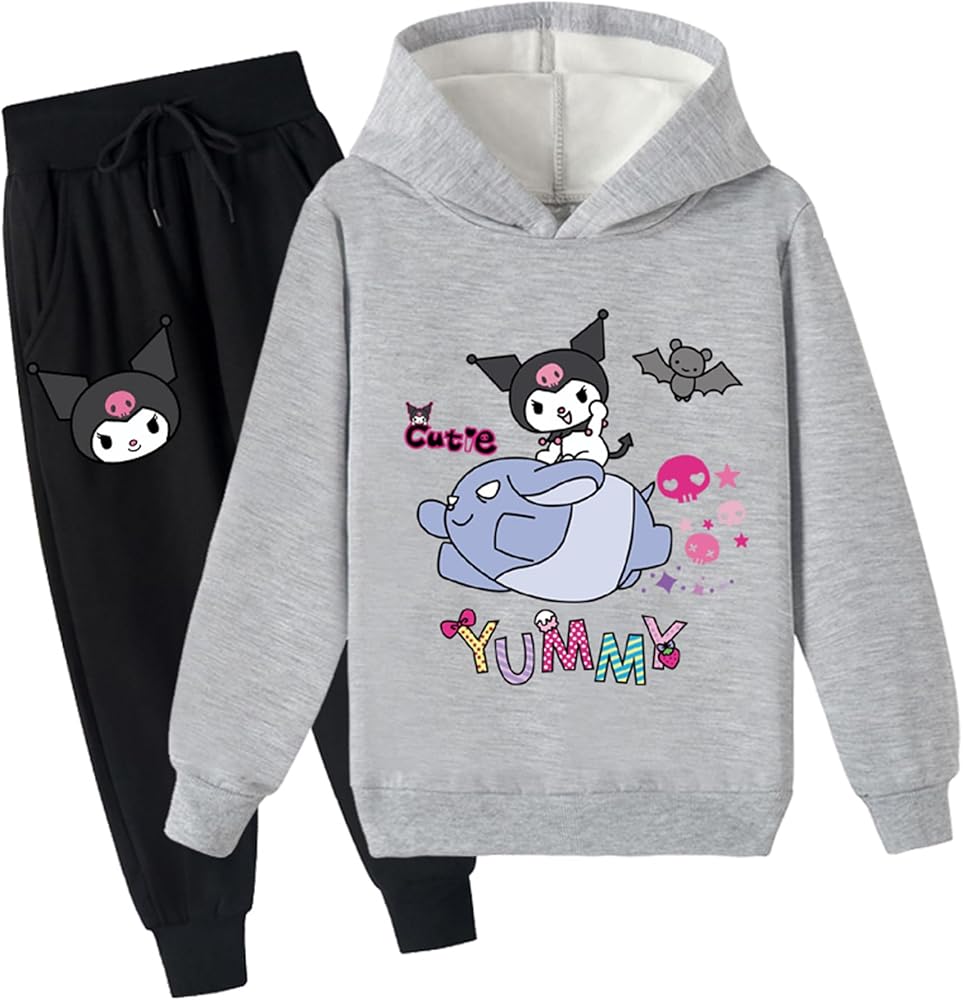 Kids Graphic Long Sleeve Pullover Hoodie and Sweatpants Set,Kuromi Brushed Hooded Outfits for Girls