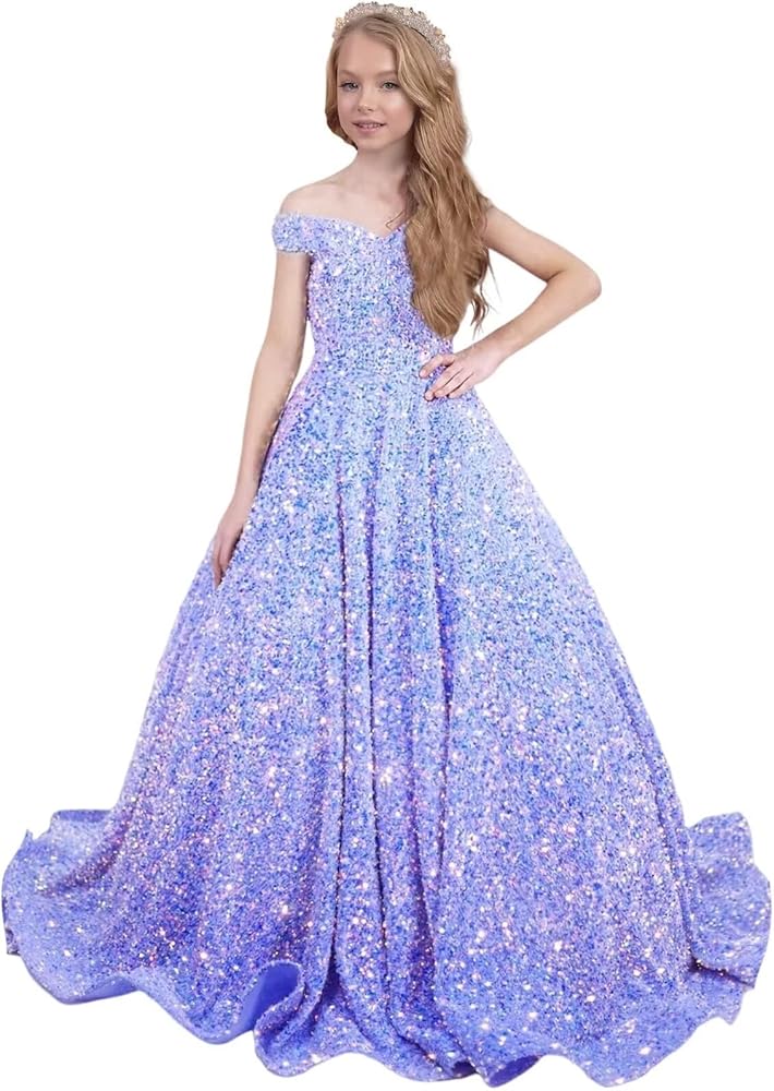 Sparkly Sequin Pageant Dresses for Girls Off Shoulder Flower Girl Dresses for Wedding Ball Gown Kids Toddle Dress