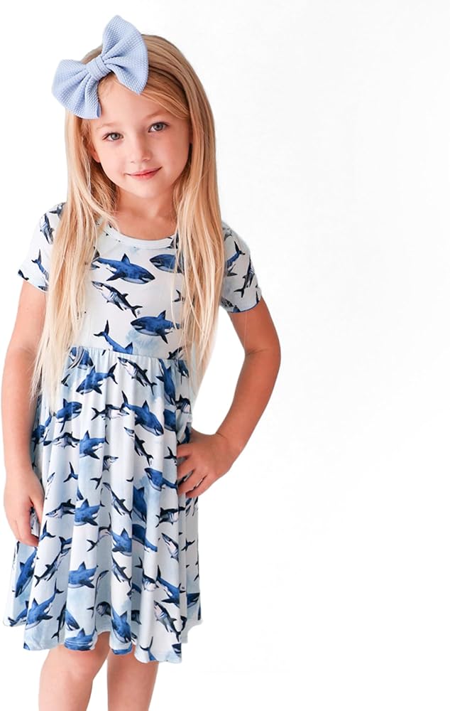 Posh Peanut Summer Dresses for Toddler Girls - Short Sleeve Ruffled Toddler Twirl Dress — Breathable Little Girl Dresses in Prints & Princess Designs (2 Years) Sharks