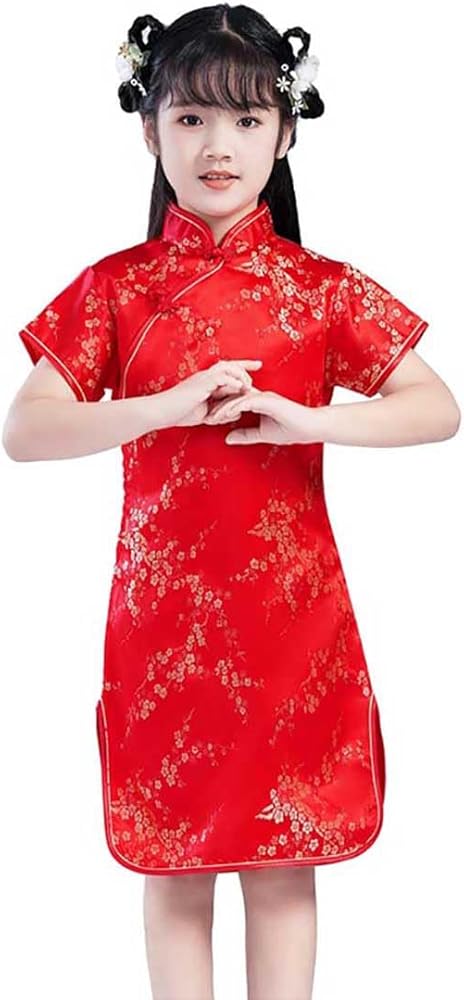 Kids Floral Brocade Cheongsam Girls Short Sleeve Knee Length Qipao Dress