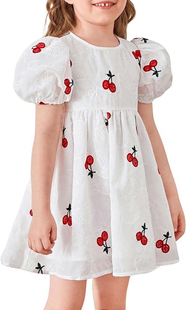 Girl's Cherry Print Short Sleeve Zipper Smock Dress Cute Round Neck Embroidery High Waist Dresses with Bag