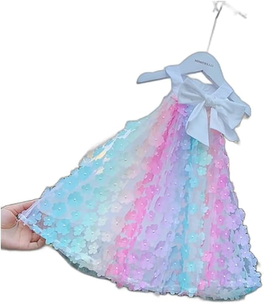 Kids Girls' Dress Rainbow Sleeveless Bow Print Basic Polyester Knee-Length Summer