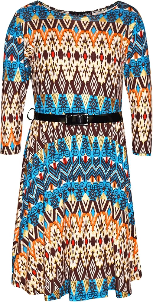 Kids Girls Skater Dress Aztec Foil Print Trendy Fashion Midi Dresses 7-13 Years