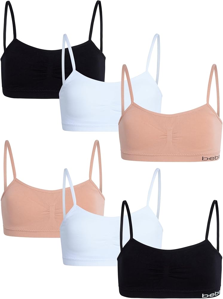 bebe Girls' Training Bra - 6 Pack Seamless Cami Bralette, Removable Pads (S-L)