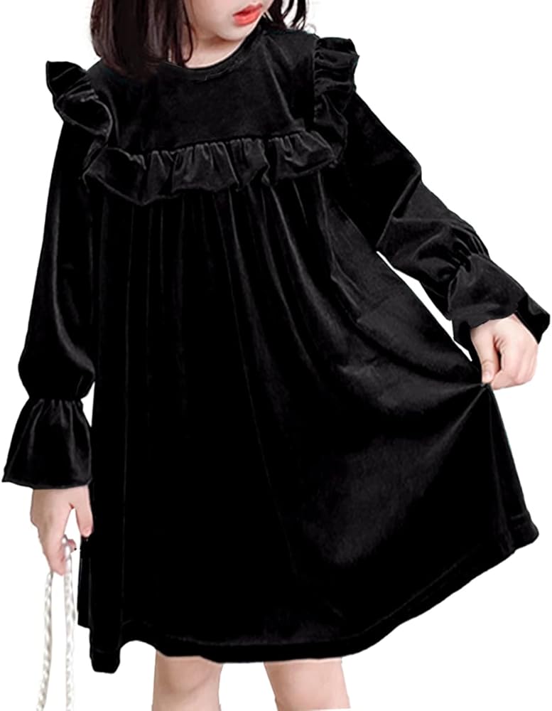 Remimi Girls Velvet Dresses Flutter Long Sleeve Vintage Holiday Party Dress 5-12 Years