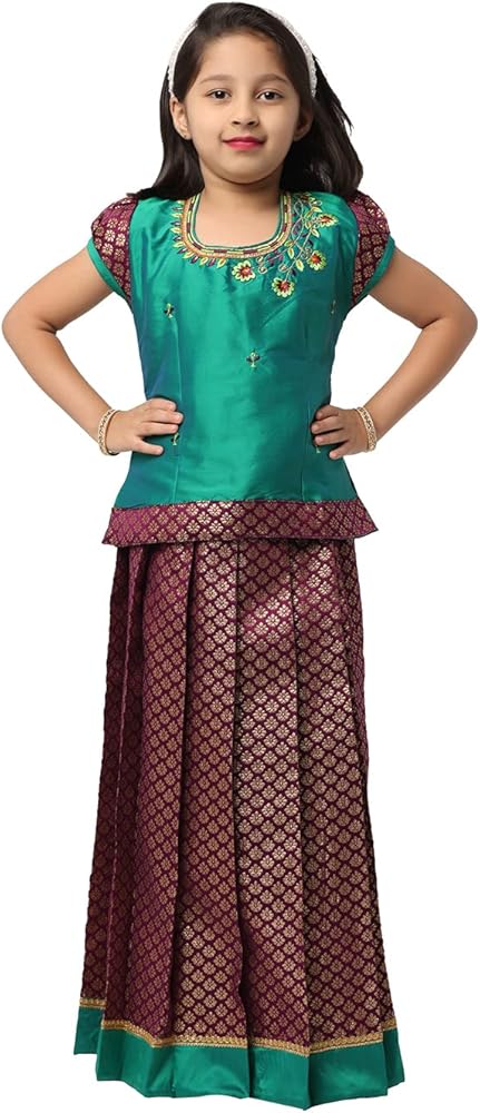 Ashwini Readymade Indian Girls Green Color Pattu Pavadai | Indian Ethnic Kids Wear