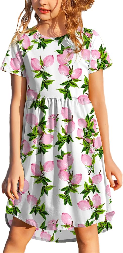 Arshiner Girls Floral Casual Dress Flower Printed Short Sleeves Summer Holiday Dress 6-7 Years