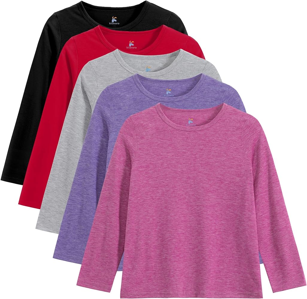 5 Pack Girls Long Sleeve Shirts Soft Crewneck Long-Sleeve T-Shirts Basic Tagless Layering Tees