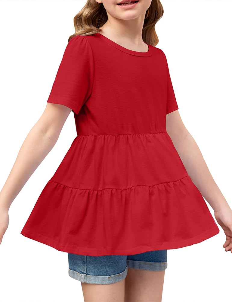 Arshiner Girls Peplum Tops Short Sleeve T Shirts for Girls Casual Tunic Tops Layered Hem Babydoll Peplum Blouse 4-12 Years