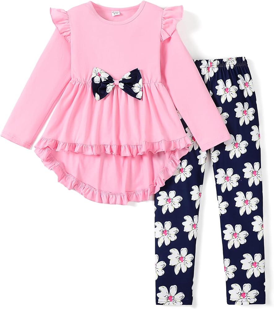 PATPAT Toddler Kids Girls 2Pcs Clothes Set Bowknot Design Ruffle Hem Long Sleeve Top and Floral Print Pant Outfits