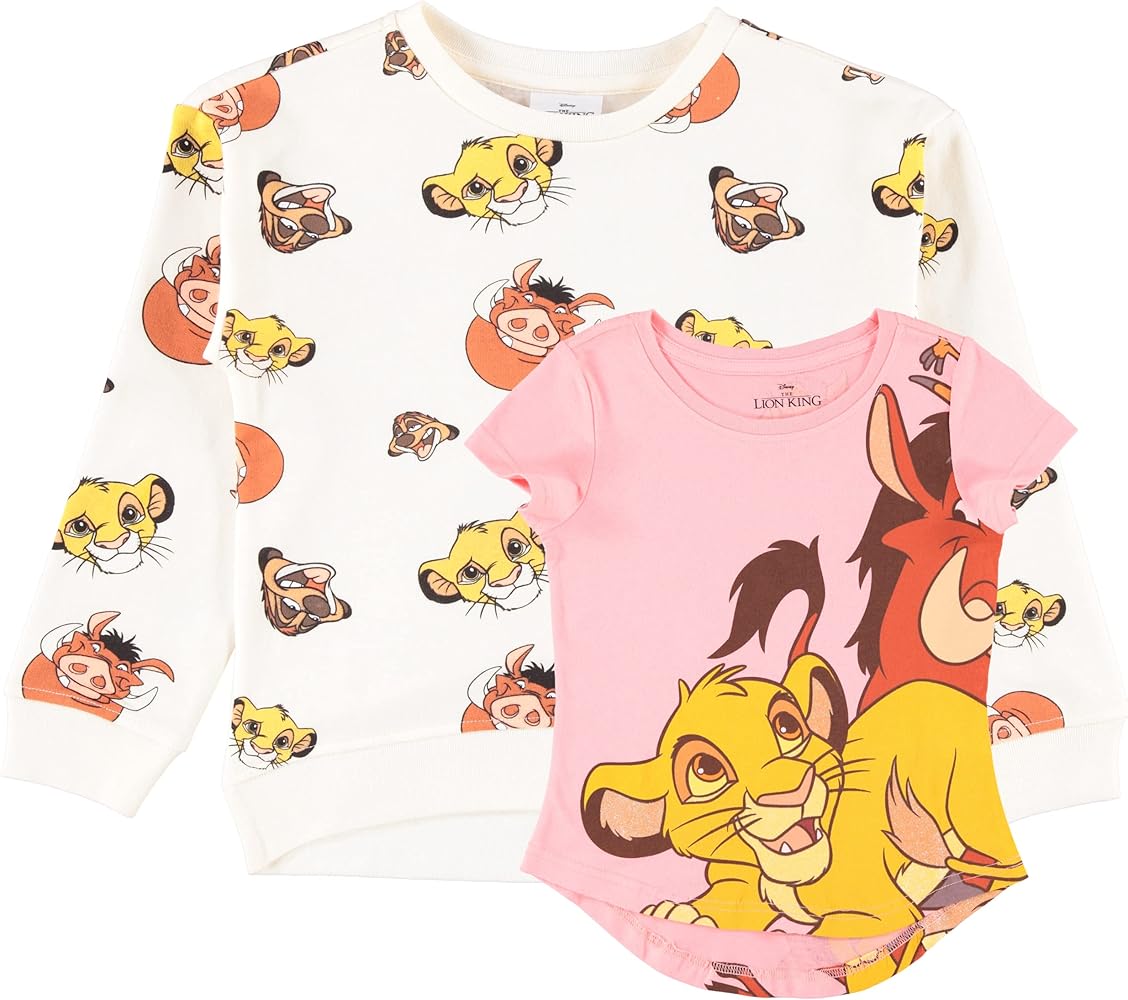 Disney Little Minnie Mouse, Lion King Girls Fleece Sweatshirt and T-Shirt 2 Piece Bundle Outfit Set