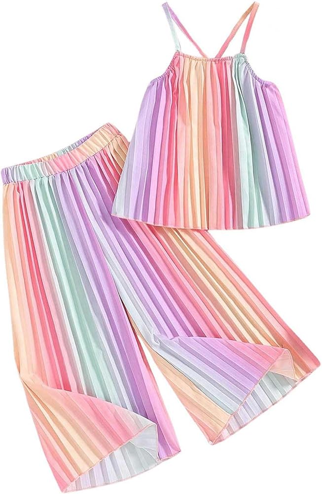 Girl's 2 Piece Boho Outfits Pleated Spaghetti Strap Camisoles and Elastic Waist Wide Leg Pants