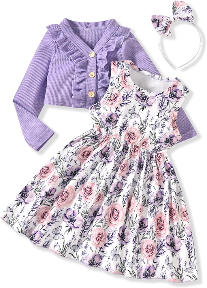 HINTINA Toddler Little Girls Dress And Cardigan Sets 2 Piece Floral Print Sleeveless Dress and Long Sleeve Cardigan Set