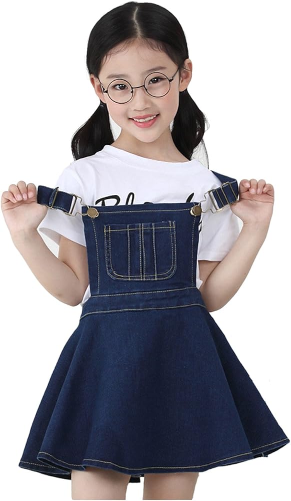 KIDSCOOL SPACE Little Girls Jean Overall Dress,Ripped Adjustable Denim Jumpers