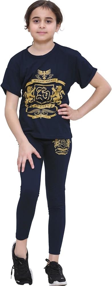 Girls Top Kids Short Sleeves Varsity Lion Print T Shirt & Legging Outfit Set