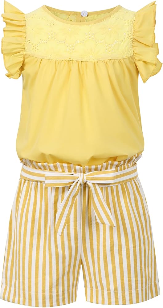 Little Girls Summer 2 Piece Ruffle Outfits Clothes Sleeveless T-Shirt Top Belt Shorts Pants Sets