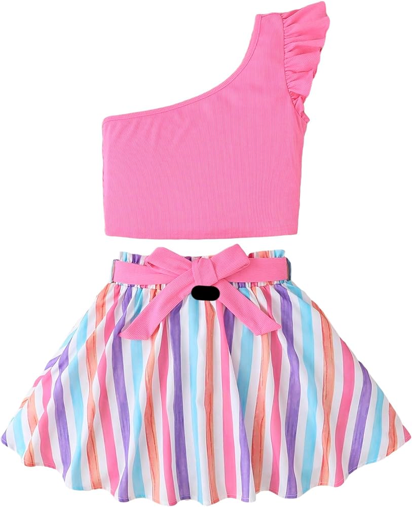 Girl's 2 Piece Outfits Sleeveless One Shoulder Ruffle Trim Pullover Tee Top and Striped Print Belted Skirt Sets