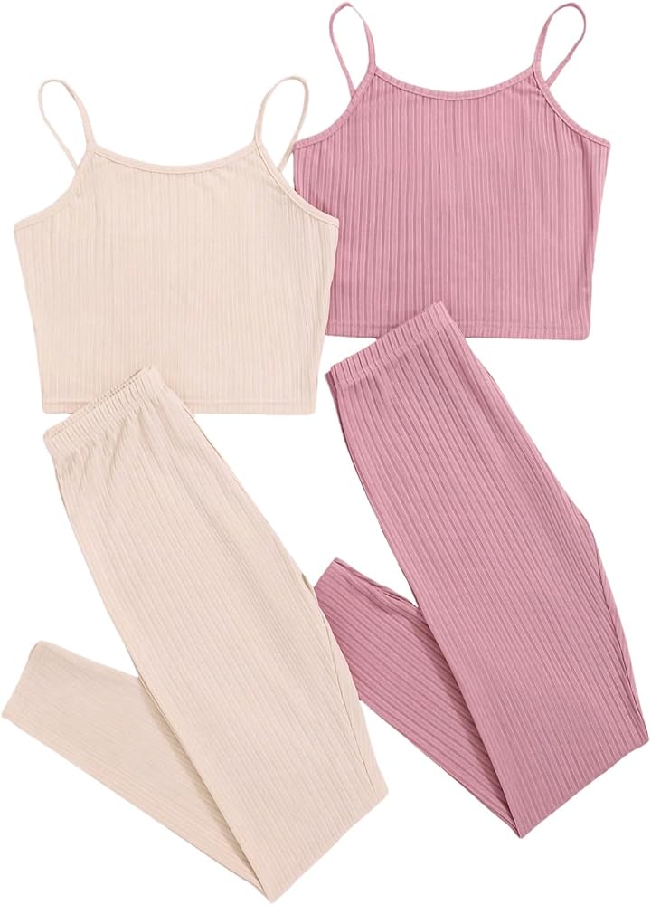 OYOANGLE Girl's 4 Piece Outfits Knitted Solid Crop Cami Tops and Long Pants Sets