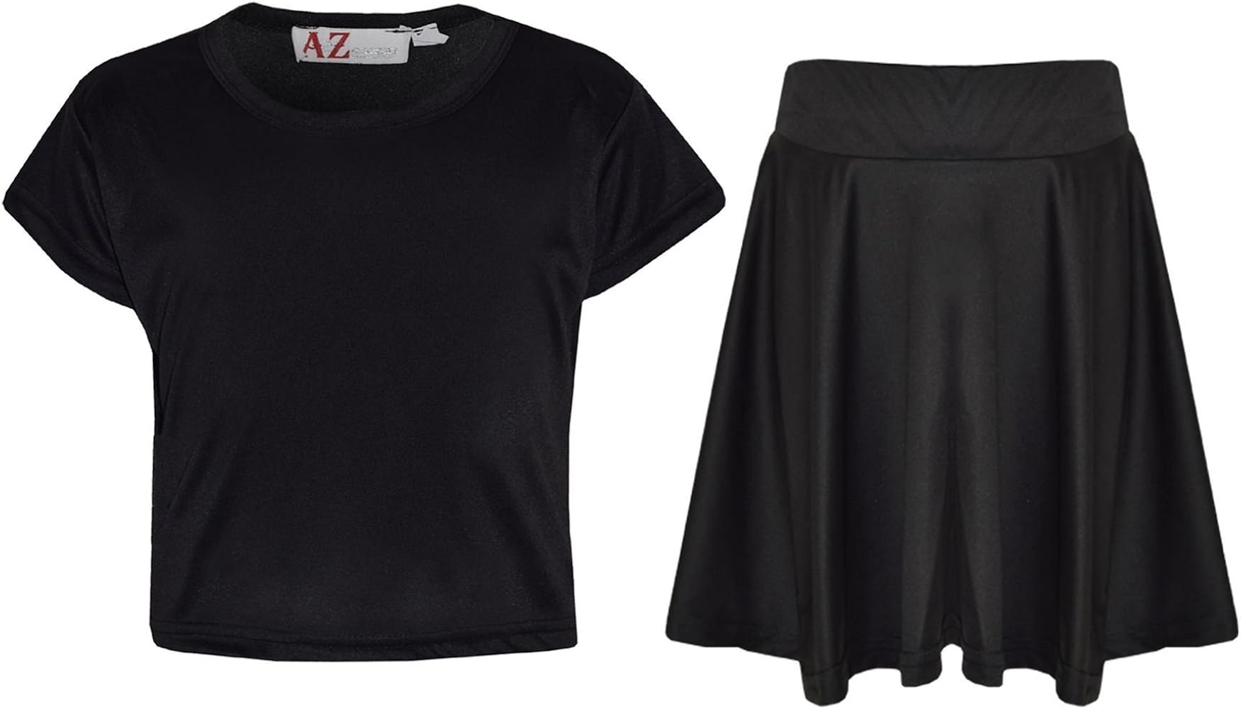 Girls Plain Crop Top & Skater Skirt Set - New Crop Top Plain Skirt Black 9-10