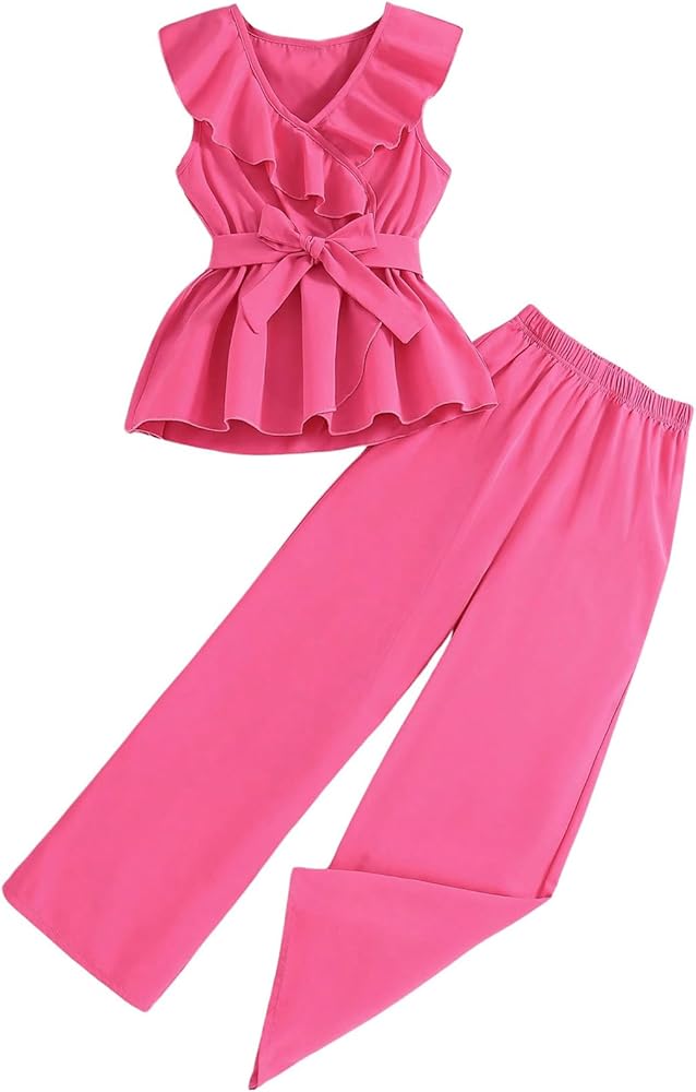 Floerns Girl's 2 Piece Outfit Ruffle Trim Belted Blouse Top Wide Leg Pants Set