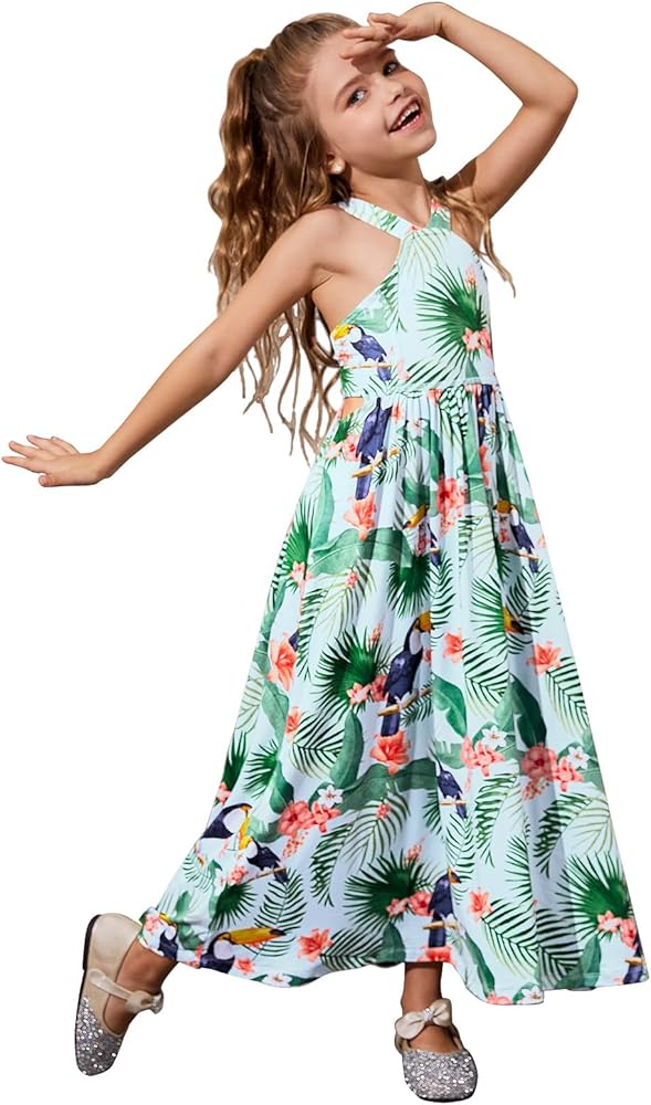 Perfashion Girl's Maxi Long Dress Summer Casual Spaghetti Strap Sleeveless A Line Side Cutouts Sundress for 6-15 Years