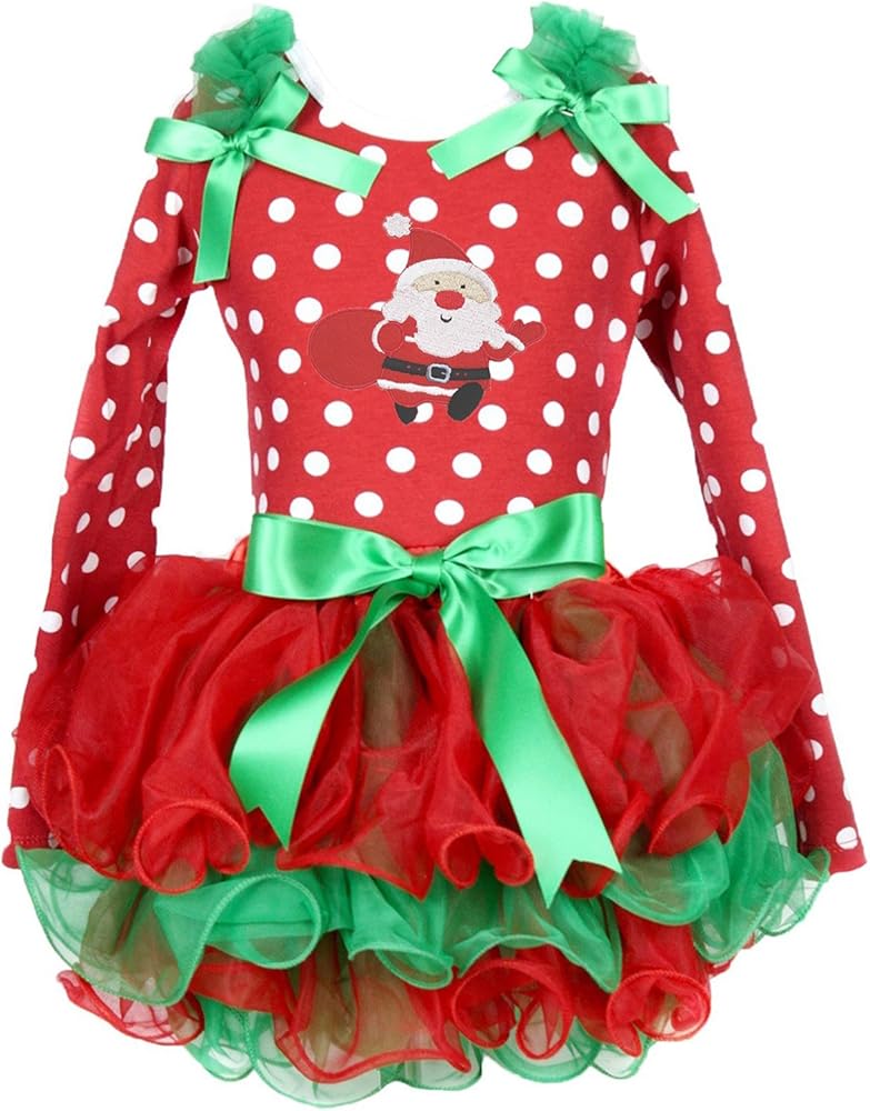 Christmas Dress Santa Claus Red Dots L/s Shirt Red Green Petal Skirt Set 1-8y