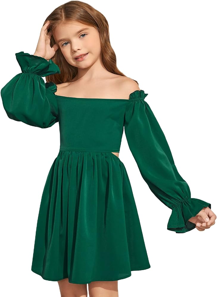 Verdusa Girl's Off Shoulder Long Sleeve Shirred Short A Line Dress