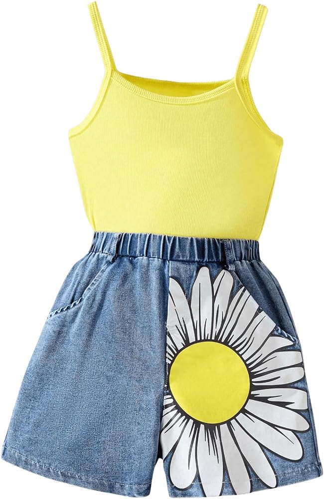 Girl's Summer Outfits Floral Ribbed Knit Sleeveless Camisole Tops and Denim Shorts 2 Piece Outfits