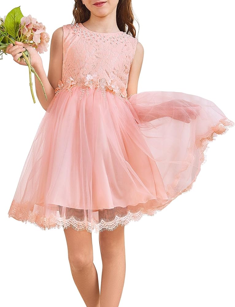 Flower Girls Dress 4-12 Lace Tulle Sleeveless Toddler Dresses for Wedding Bridesmaid Birthday Prom Princess Party Gown