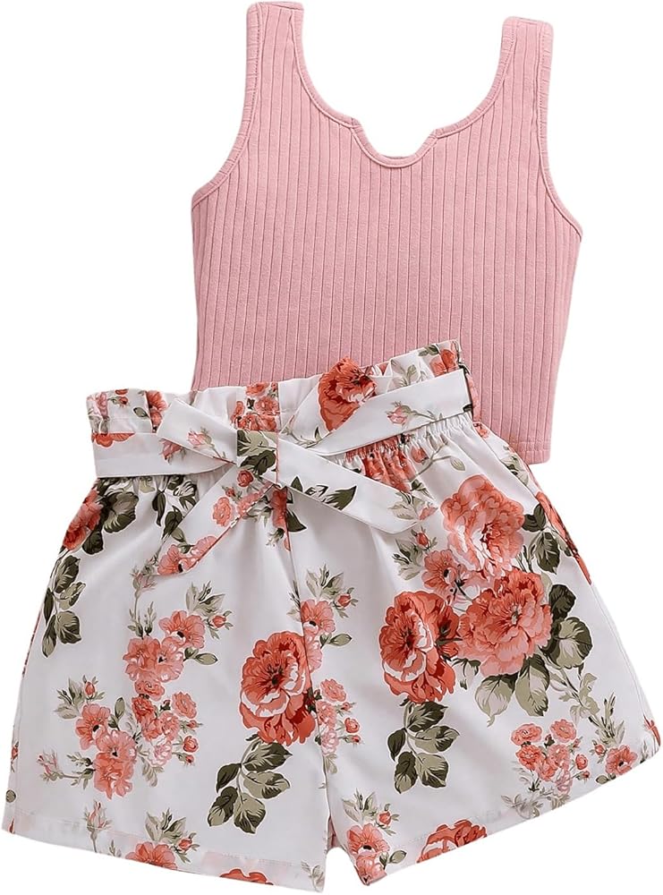 SHENHE Girl's 2 Piece Outfits Floral Sleeveless Crop Cami Top and Belted Shorts Set Pink 8 Years