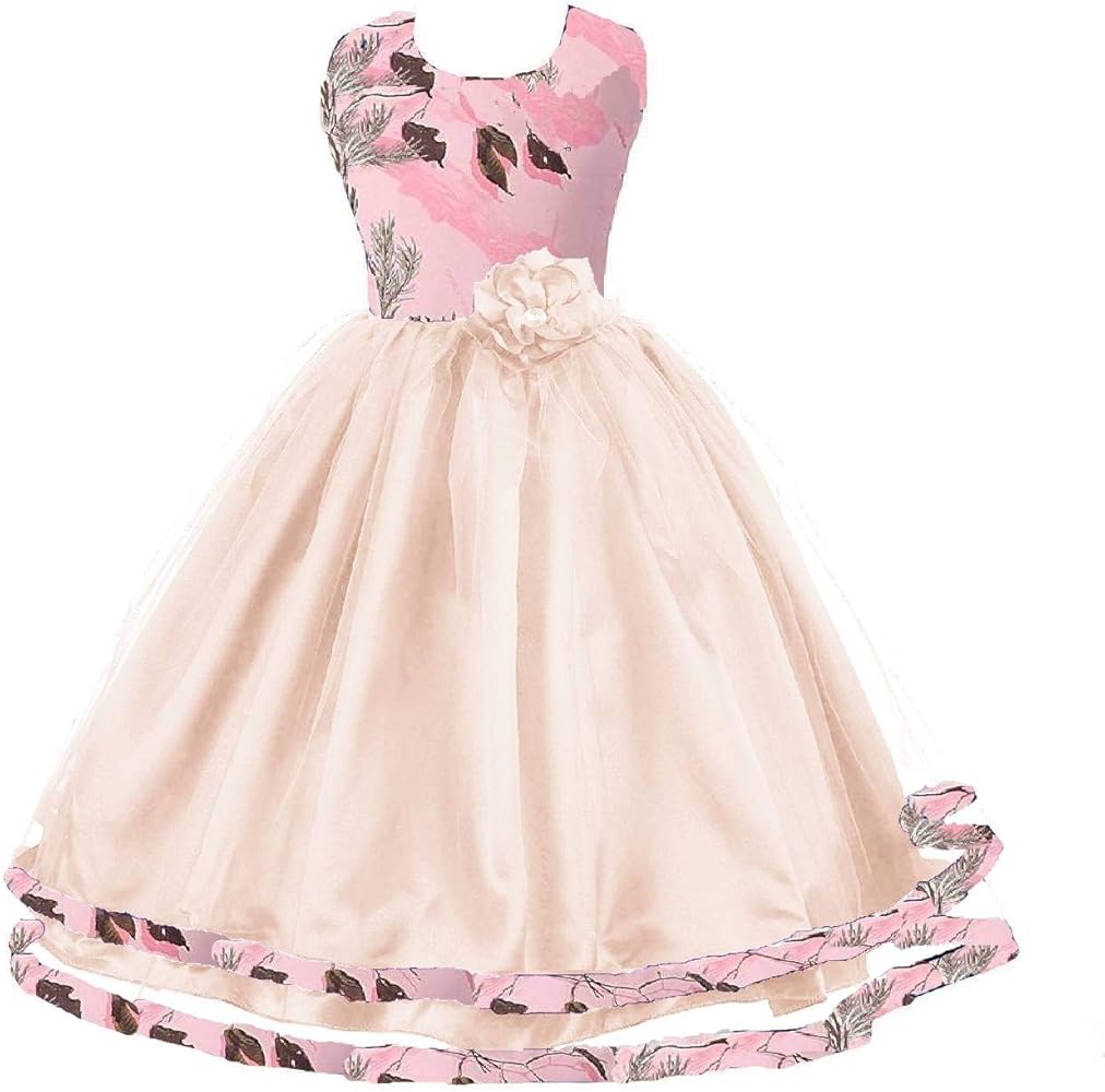 YINGJIABride Pink Camo and Tulle Flower Girl Dresses Tutu Bridesmaid Dress 2024