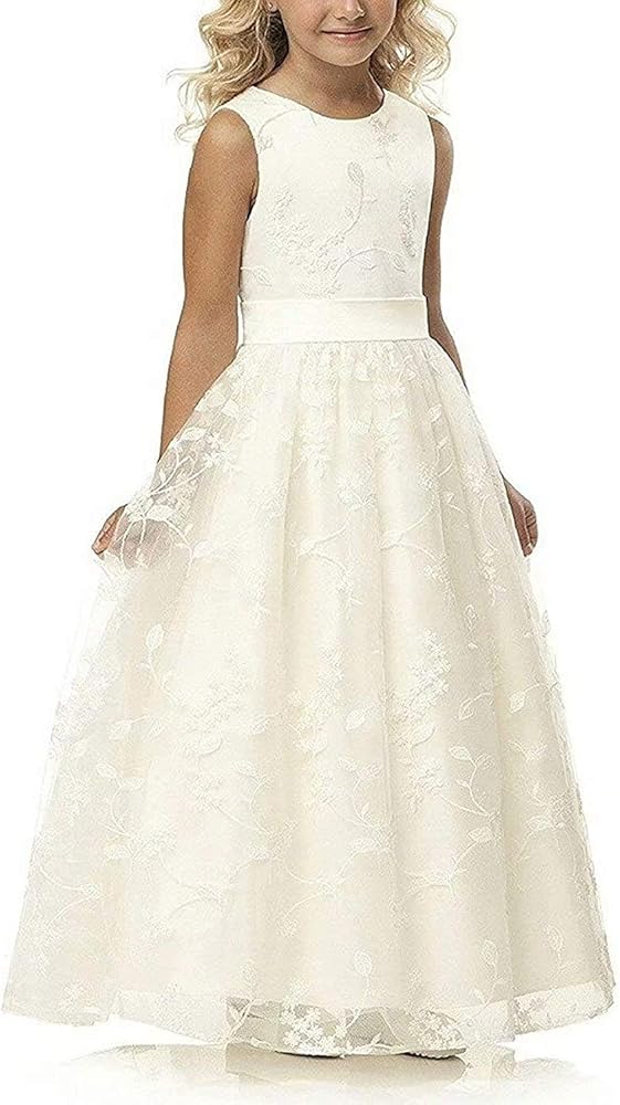 A Line Wedding Kids Pageant Lace Flower Girl Dress for Wedding Vintage Sleeveless with Belt