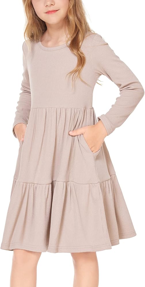 Arshiner Girls Sweater Dress Long Sleeve Knit Casual Swing Fall A-line Tiered Dresses with Pockets for 5-14 Years Kids