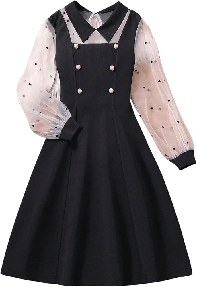 OYOANGLE Girl's Polka Dots Contrast Mesh Collared Long Sleeve Dress Elegant Flared A Line Midi Dresses