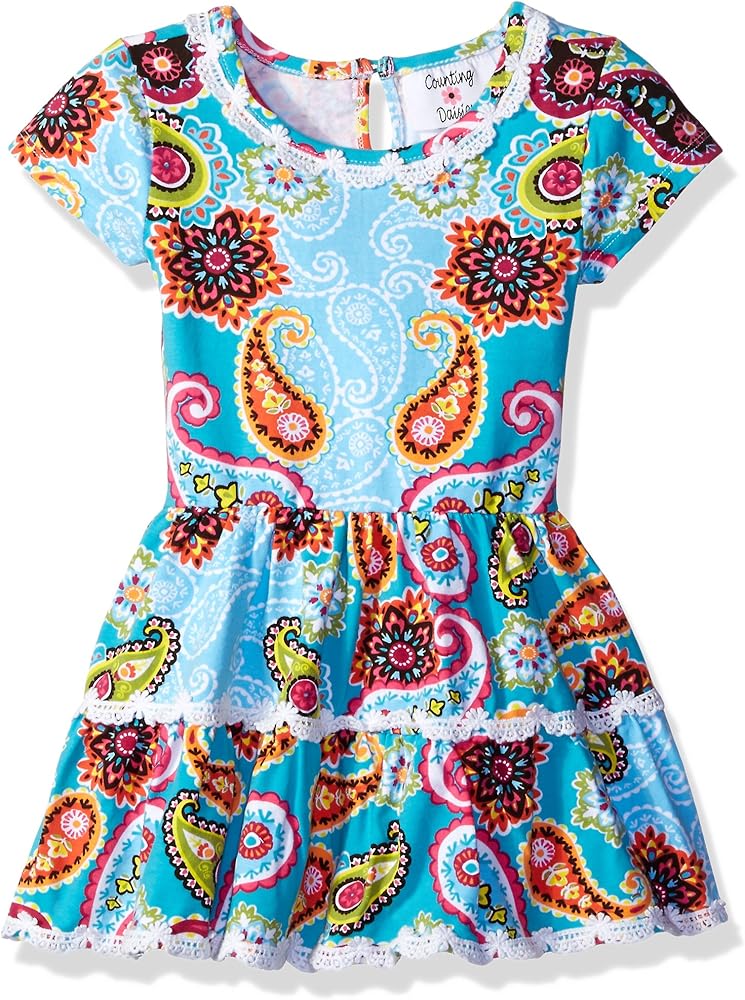 Girls' Little Teal/Orange/Lime Paisley Print Drop Waist Dress