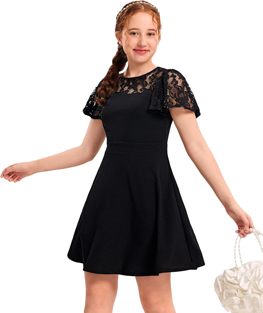 WDIRARA Girl's Floral Lace Mesh Round Neck Puff Short Sleeve Flared A Line Dress