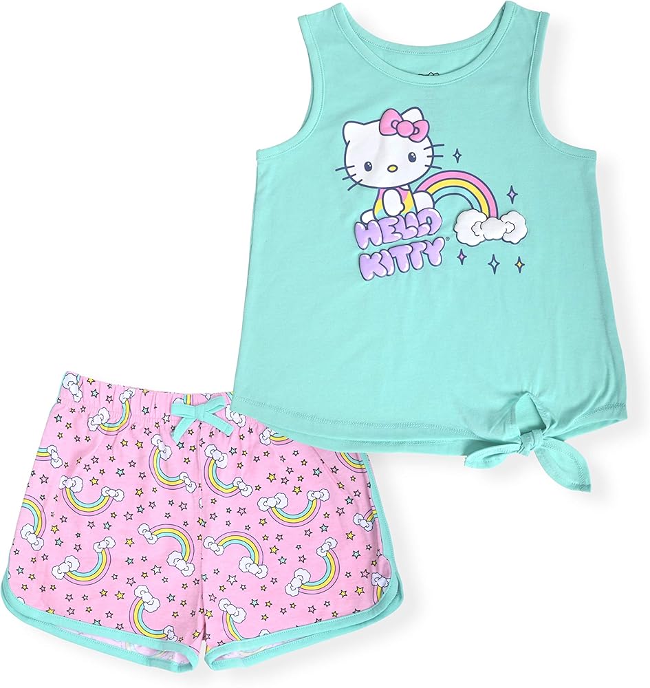 Hello Kitty Girls 2-Piece Fashion Tee Shirt and Active Short Set with Fashion Dolphin Shorts