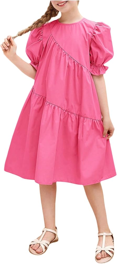 OYOANGLE Girl's Pleated Puff Short Sleeve Tiered Short Dress Round Neck Loose Swing Casual Sundress