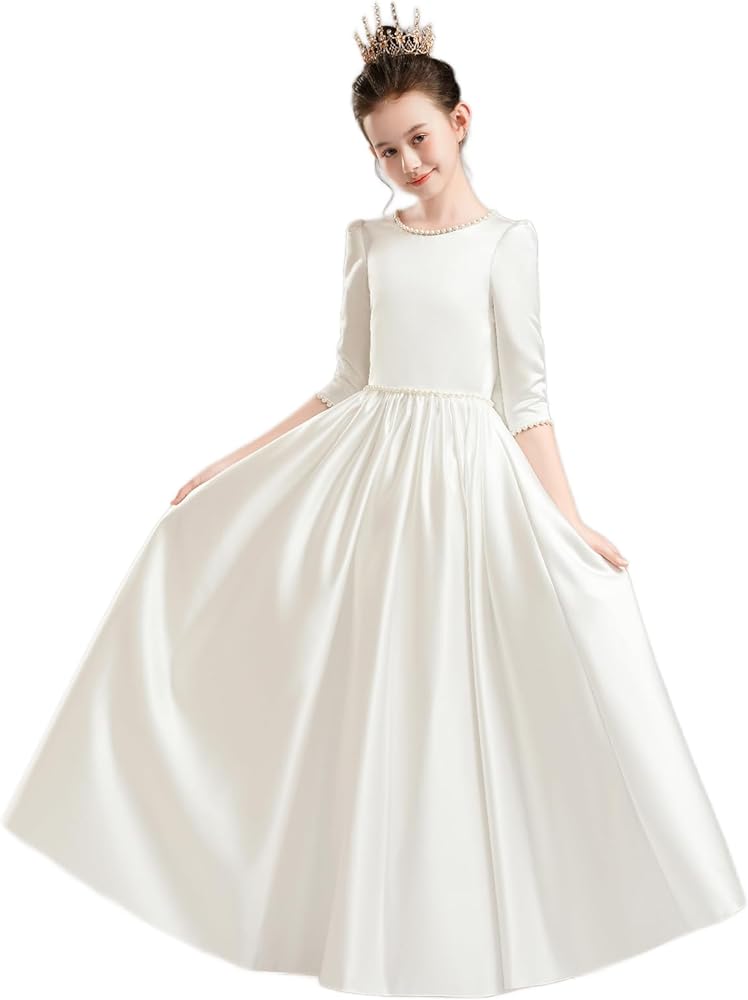 Satin Flower Girl Dress Long Sleeve A-Line Elegant Pageant Dresses Kids Pearls Prom Party Gown with Bow-Knot