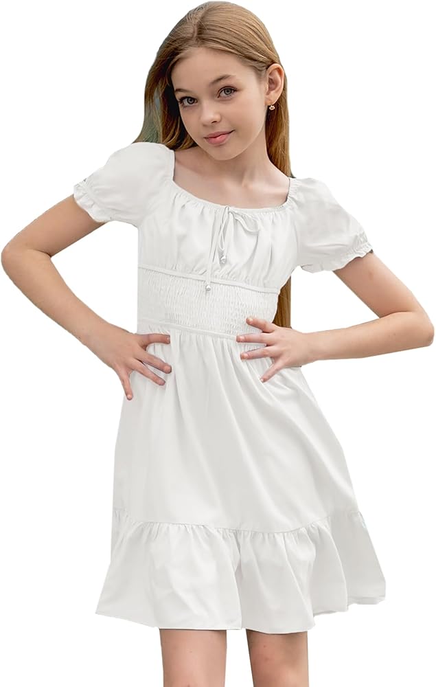 Simplee kids Off The Shoulder Summer Dress Girls Smocked Ruffle Puff Sleeves Teen Skirt